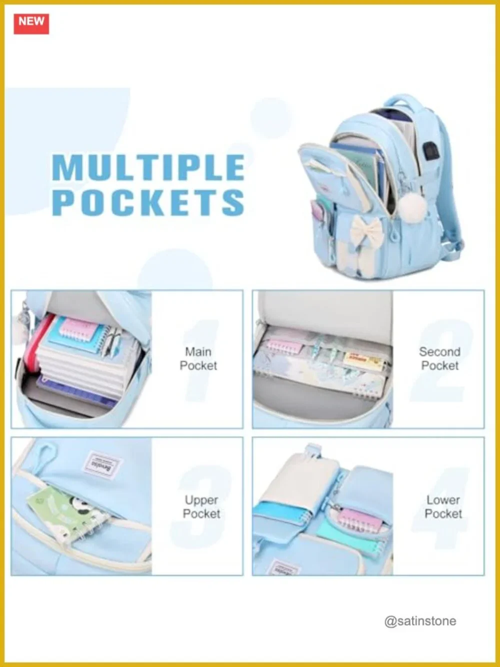 Cute Bow Backpack Set with Lunch Bag & Pen Case, USB Charging Port